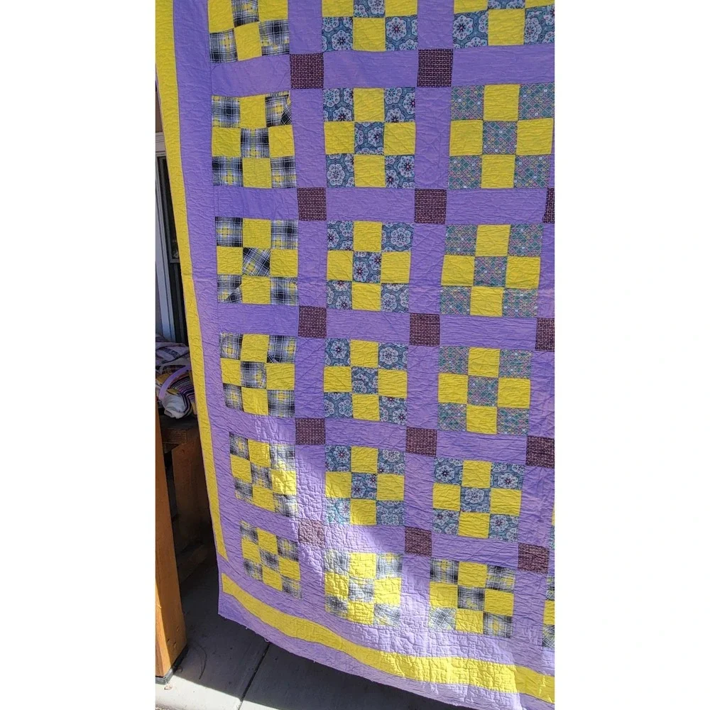 Handmade Nine Patch‎ Quilt Purple Yellow Full Queen Cottage Farmhouse 86 x 74